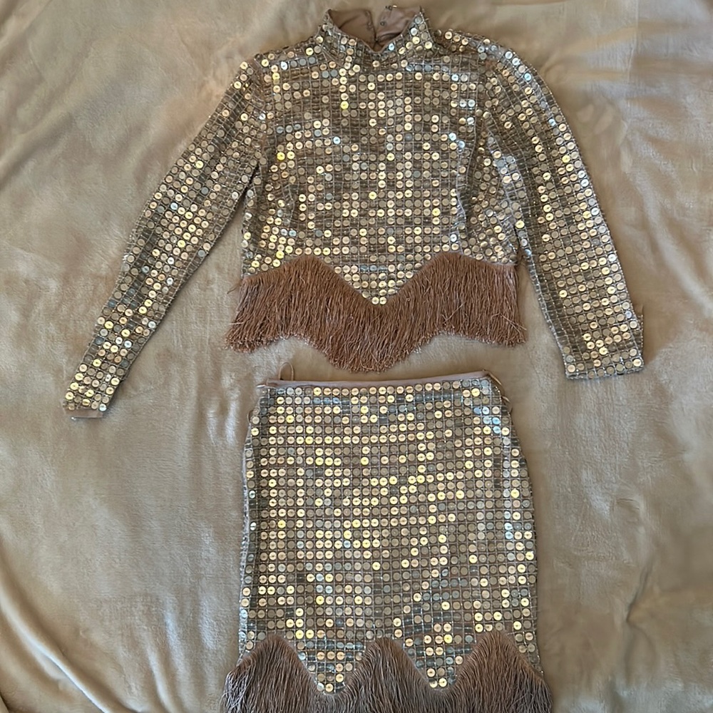 ASOS GOLD SEQUIN AND FRINGE TOP AND SKIRT.